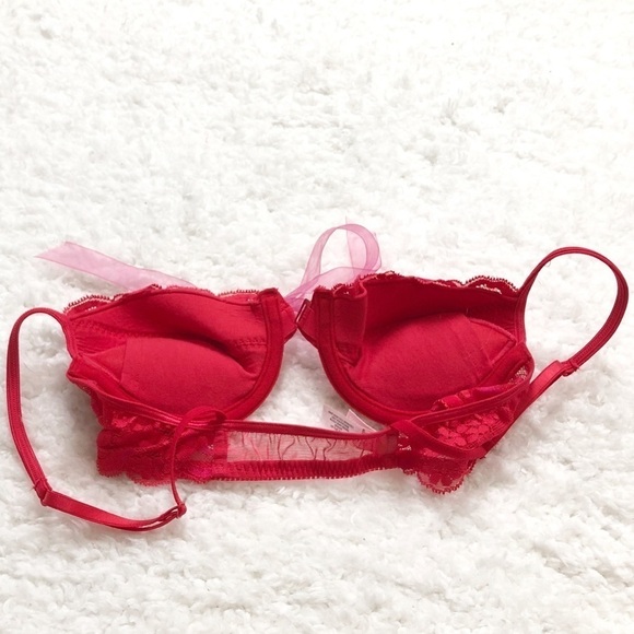 🆕 Victoria’s Secret solid red lace front closure bra pink tie padded - Picture 4 of 11